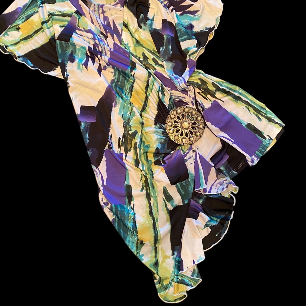 Sioni Abstract Faux Wrap Top Large Purple Blue Green Brooch Flutter Sleeve - Picture 6 of 6